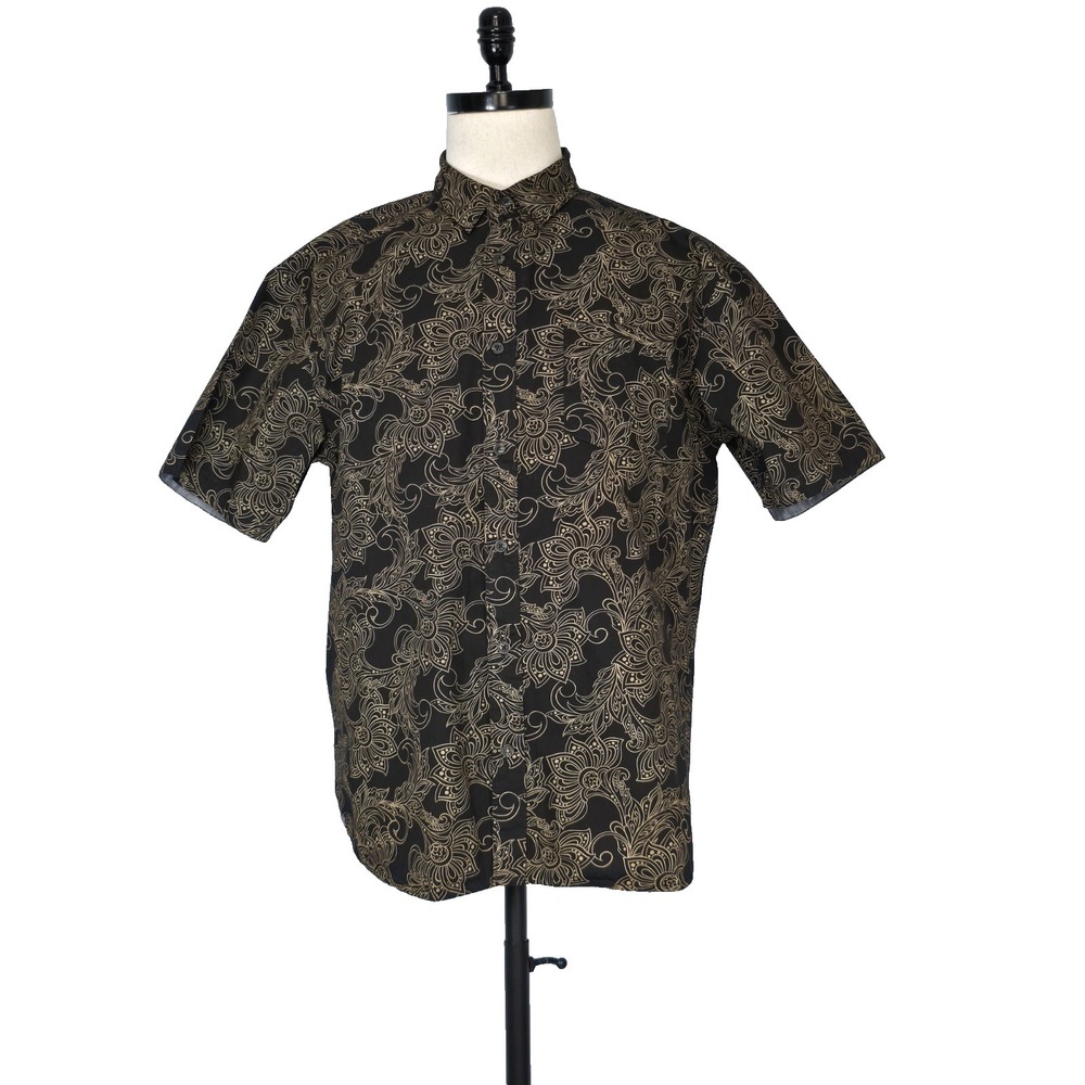 Level Ten Couture Mens Shirt XL Black Gold Floral Baroque Short Sleeve Button up